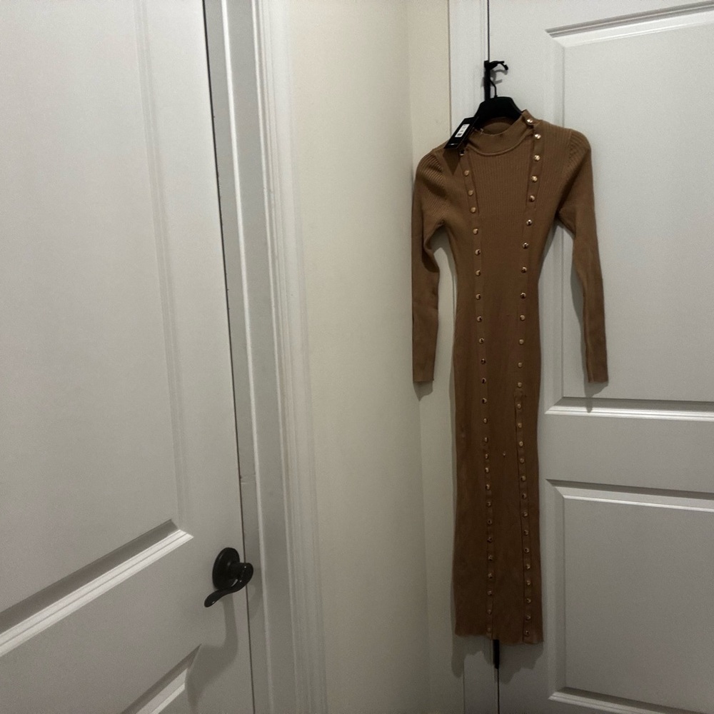 Fashion Nova Tan Long Sleeve Dress with Button Accents